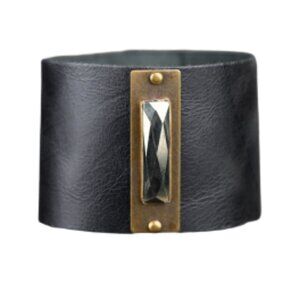 Genuine Black Leather & Pyrite Handmade Cuff Bracelet
